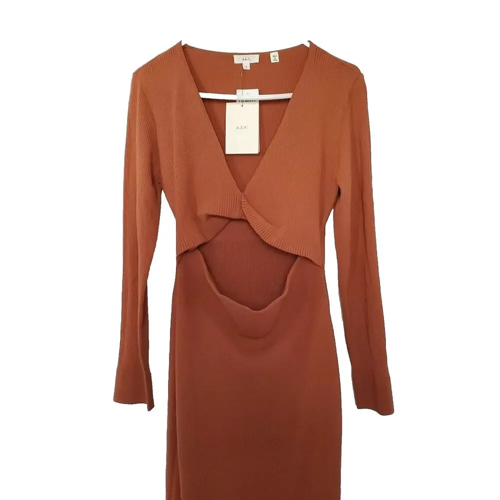 A.L.C. Women's Midi Dress XL Orange Ribbed Knit V-Neck Long Sleeve ALC NEW - Picture 5 of 7